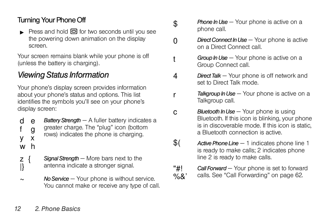 Nextel comm I465 manual Viewing Status Information, Turning Your Phone Off, 12 2. Phone Basics 