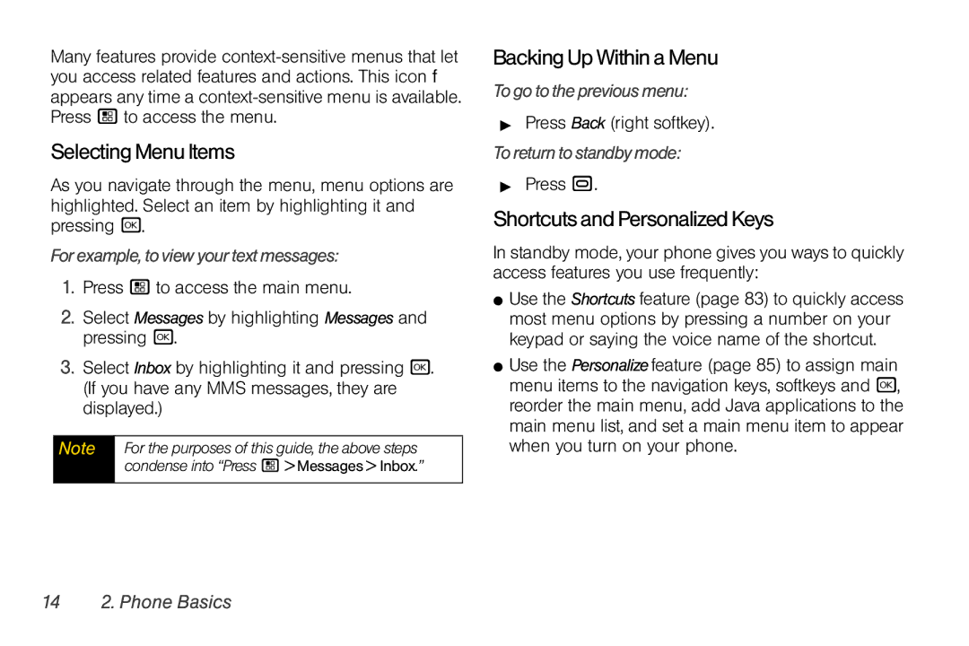 Nextel comm I465 manual Selecting Menu Items, Backing Up Within a Menu, Shortcuts and Personalized Keys 