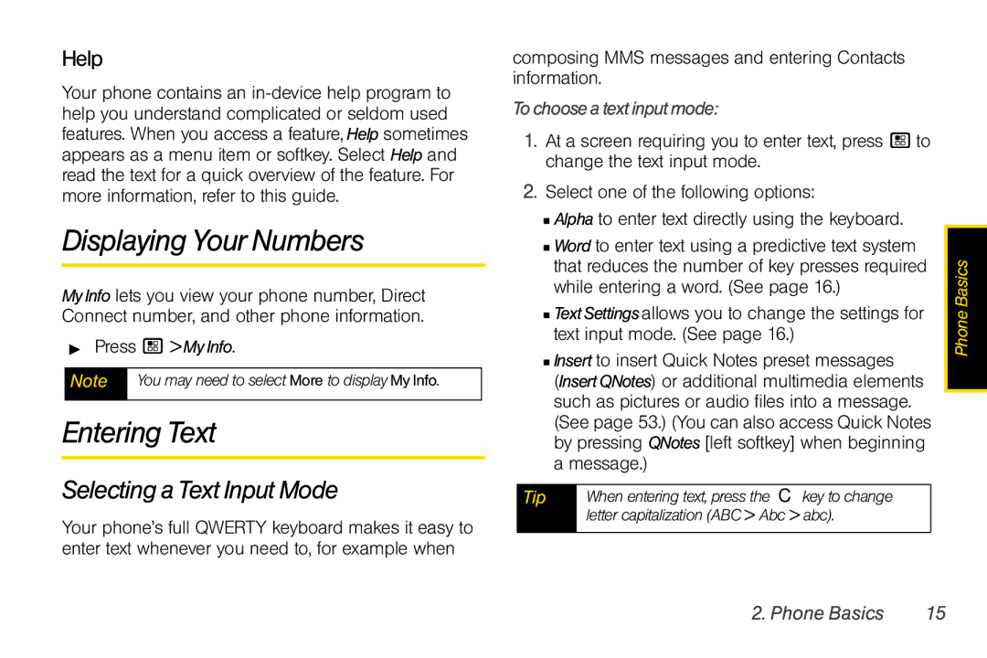 Nextel comm I465 manual Displaying Your Numbers, Entering Text, Selecting a Text Input Mode, Help, Tochooseatextinputmode 