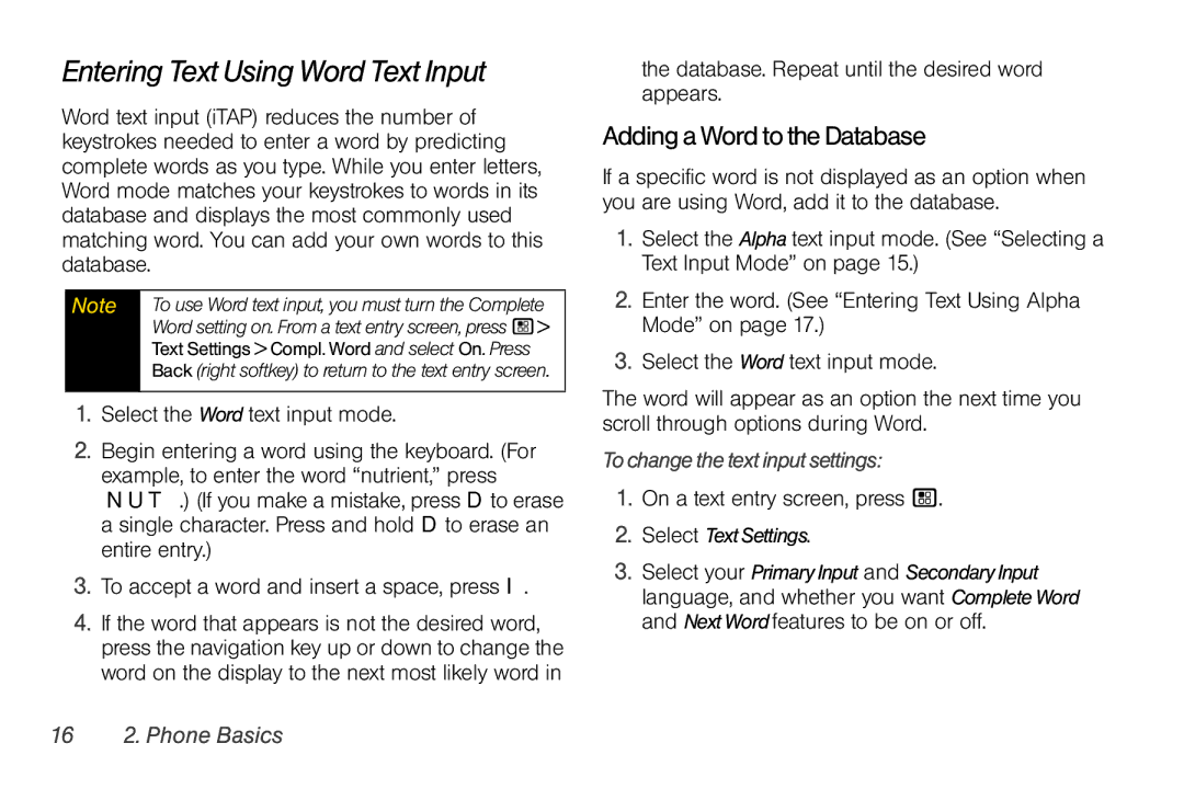 Nextel comm I465 manual Entering Text Using Word Text Input, Adding a Word to the Database, Tochangethetextinputsettings 