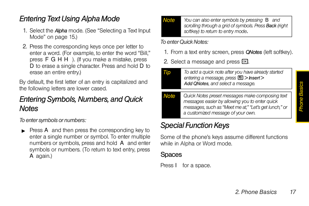 Nextel comm I465 Entering Text Using Alpha Mode, Entering Symbols, Numbers, and Quick Notes, Special Function Keys, Spaces 