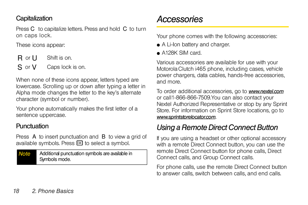 Nextel comm I465 manual Accessories, Using a Remote Direct Connect Button, Capitalization, Or U, Punctuation 