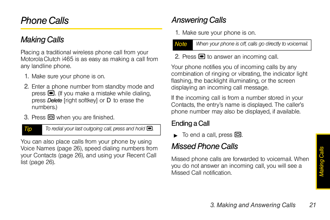 Nextel comm I465 manual Making Calls, Answering Calls, Missed Phone Calls, Ending a Call 