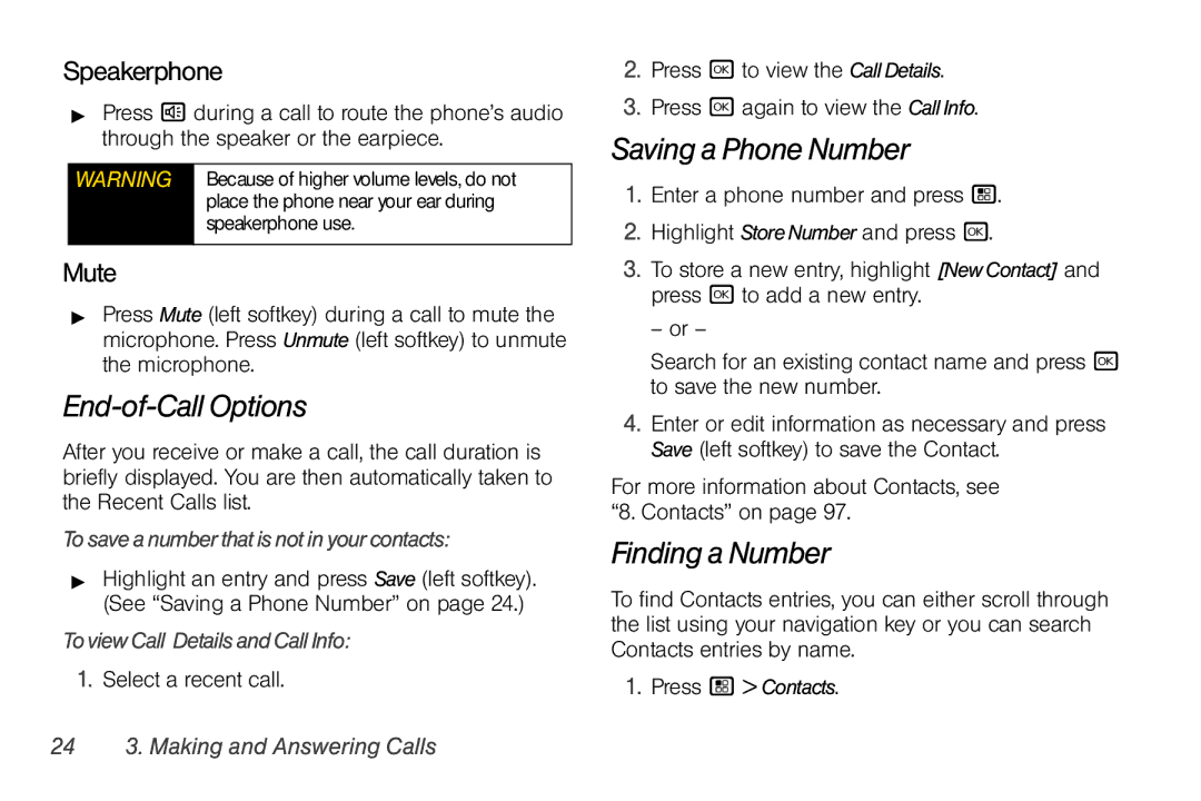 Nextel comm I465 manual End-of-Call Options, Saving a Phone Number, Finding a Number, Speakerphone, Mute 