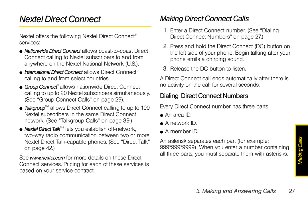 Nextel comm I465 manual Nextel Direct Connect, Making Direct Connect Calls, Dialing Direct Connect Numbers 