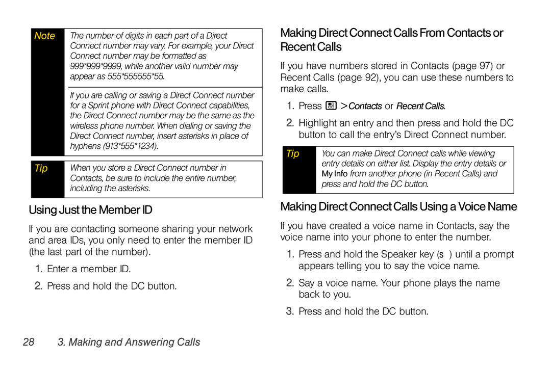 Nextel comm I465 manual Using Just the Member ID, Making Direct Connect Calls From Contacts or Recent Calls 