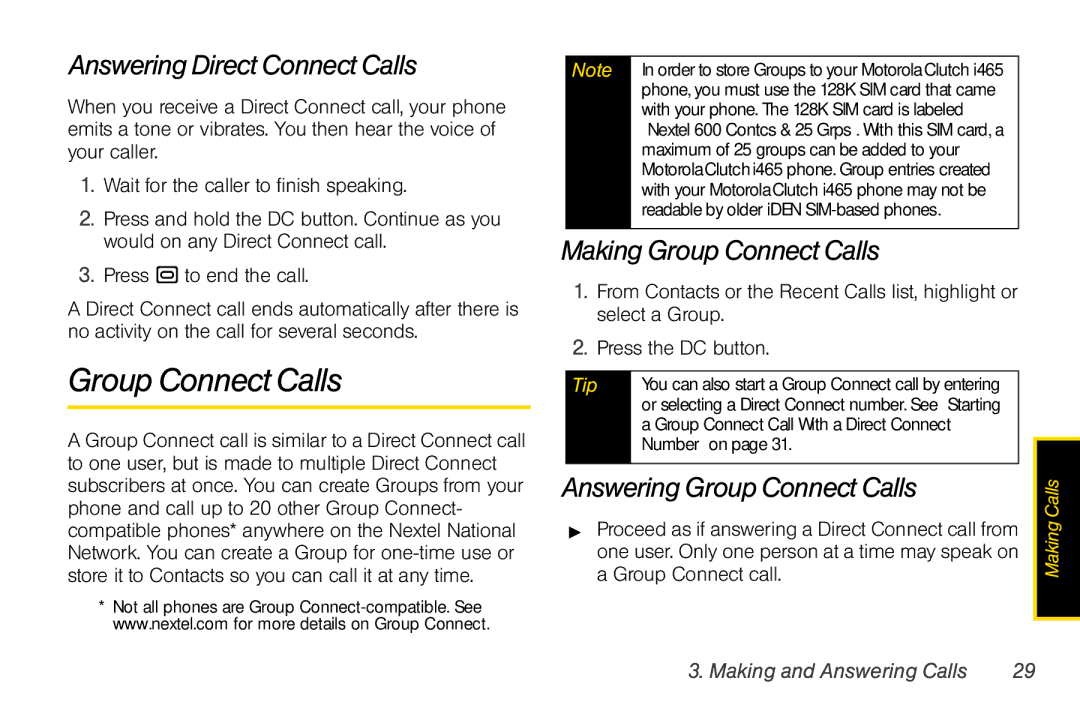 Nextel comm I465 manual Answering Direct Connect Calls, Making Group Connect Calls, Answering Group Connect Calls 