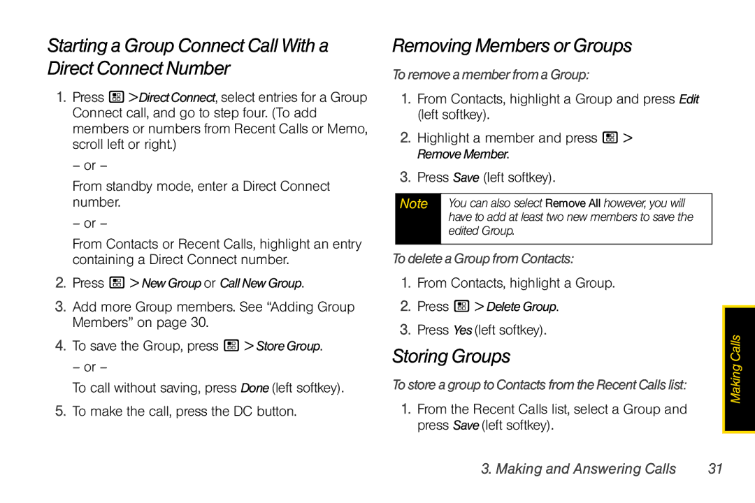 Nextel comm I465 Starting a Group Connect Call With a Direct Connect Number, Removing Members or Groups, Storing Groups 