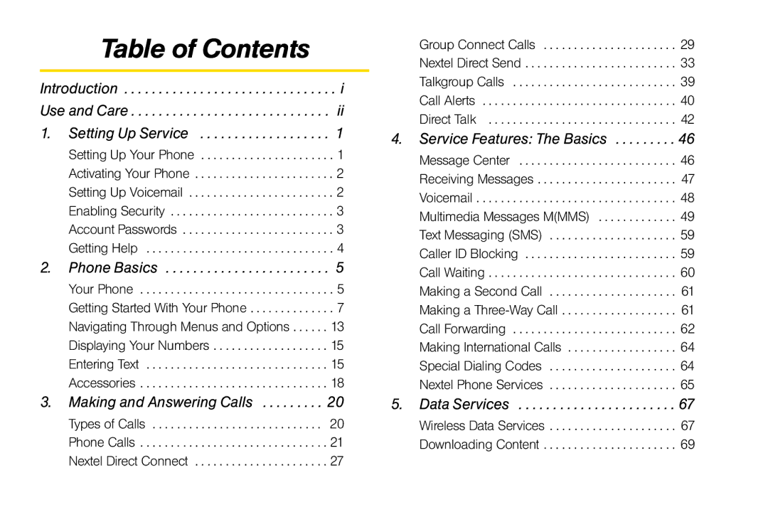 Nextel comm I465 manual Table of Contents 