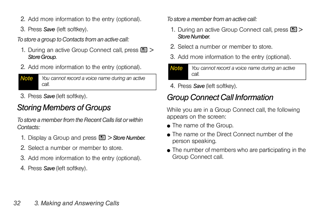 Nextel comm I465 manual Storing Members of Groups, Group Connect Call Information, TostoreagrouptoContactsfromanactivecall 