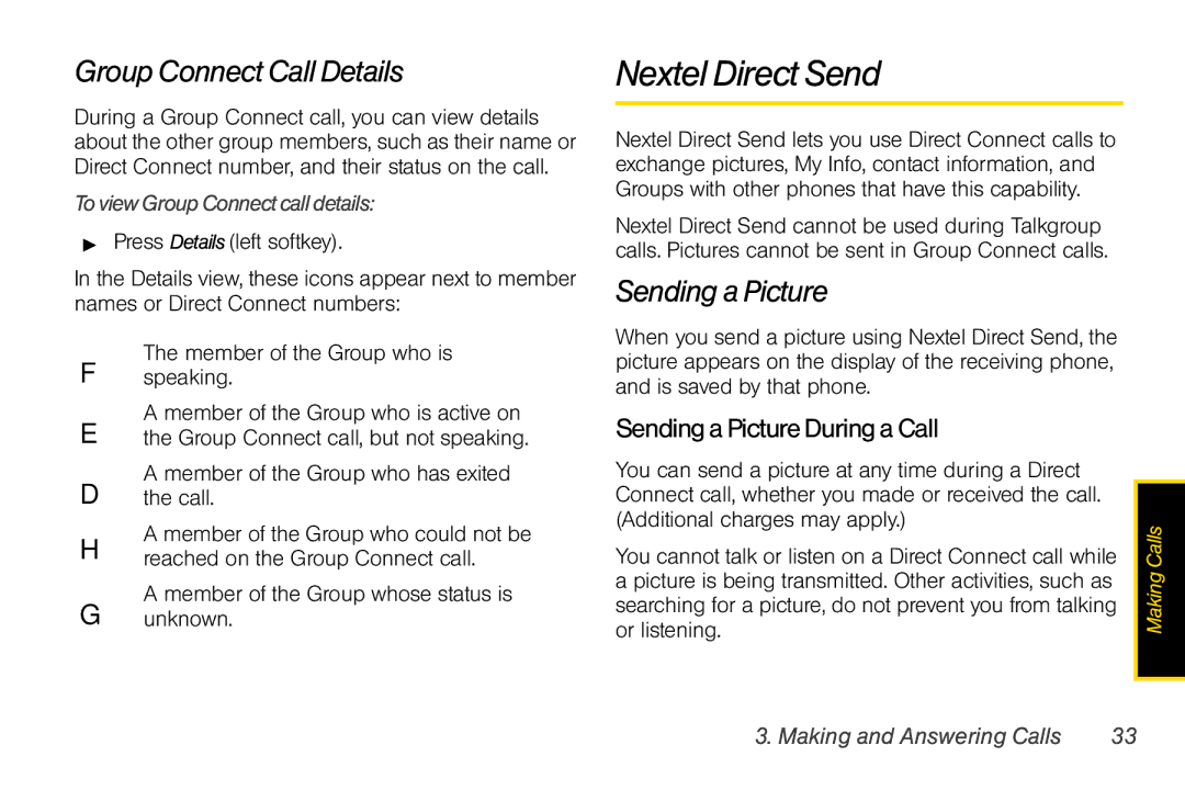 Nextel comm I465 manual Nextel Direct Send, Group Connect Call Details, Sending a Picture During a Call 