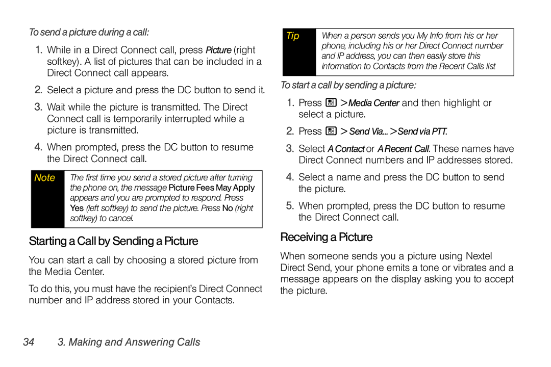 Nextel comm I465 manual Starting a Call by Sending a Picture, Receiving a Picture, Tosendapictureduringacall 