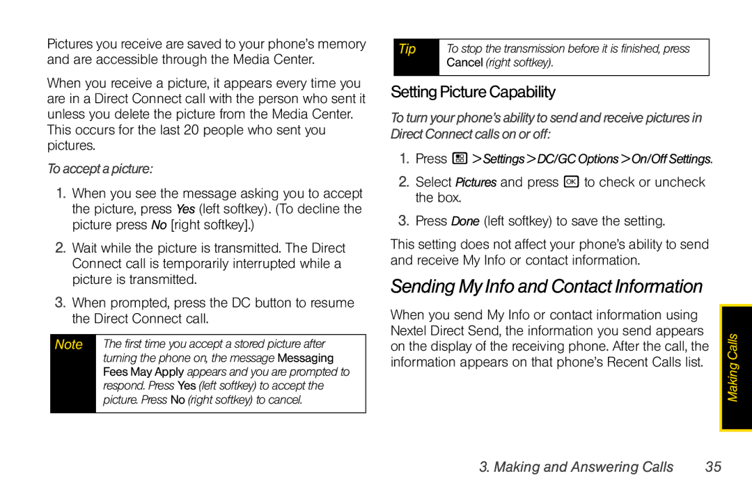 Nextel comm I465 manual Sending My Info and Contact Information, Setting Picture Capability, Toacceptapicture 