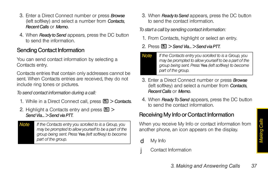 Nextel comm I465 Sending Contact Information, Receiving My Info orContact Information, Tosendcontactinformationduringacall 