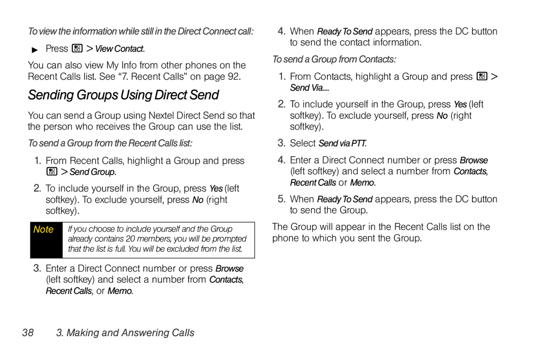 Nextel comm I465 manual Sending Groups Using Direct Send, ToviewtheinformationwhilestillintheDirectConnectcall 