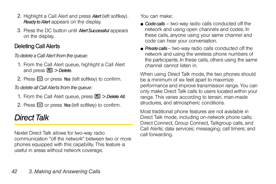 Nextel comm I465 Direct Talk, Deleting Call Alerts, TodeleteaCallAlertfromthequeue, TodeleteallCallAlertsfromthequeue 