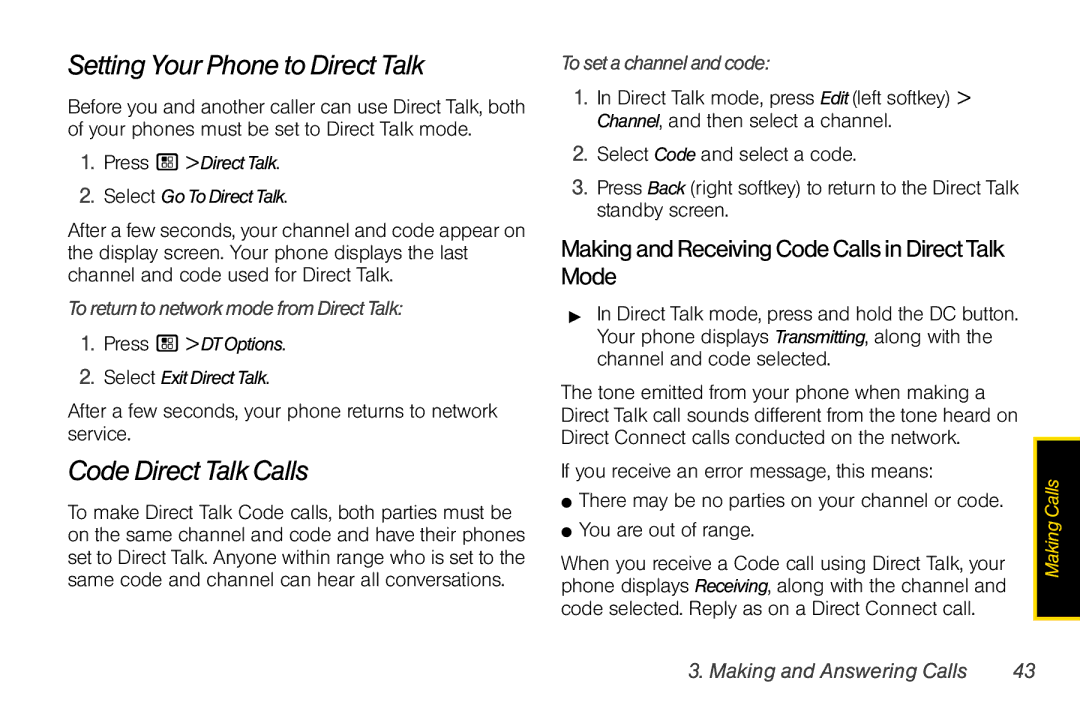 Nextel comm I465 manual Setting Your Phone to Direct Talk, Code Direct Talk Calls, ToreturntonetworkmodefromDirectTalk 