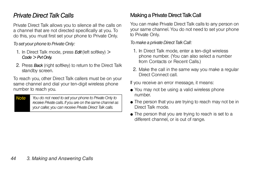 Nextel comm I465 manual Private Direct Talk Calls, Making a Private Direct Talk Call, TosetyourphonetoPrivateOnly 