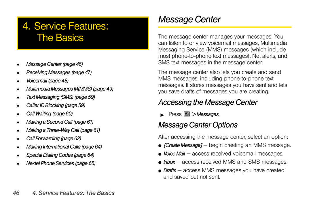 Nextel comm I465 manual Accessing the Message Center, Message Center Options, 46 4. Service Features The Basics 