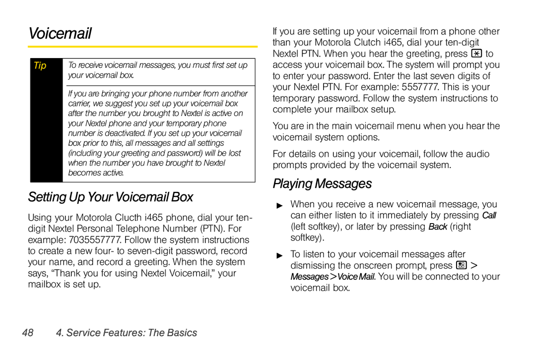 Nextel comm I465 manual Setting Up Your Voicemail Box, Playing Messages, 48 4. Service Features The Basics 