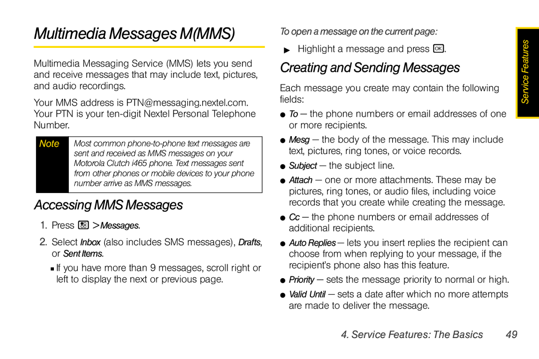 Nextel comm I465 manual Multimedia Messages Mmms, Accessing MMS Messages, Creating and Sending Messages 