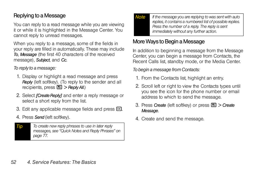 Nextel comm I465 manual Replying to a Message, More Ways to Begin a Message, Toreplytoamessage, TobeginamessagefromContacts 