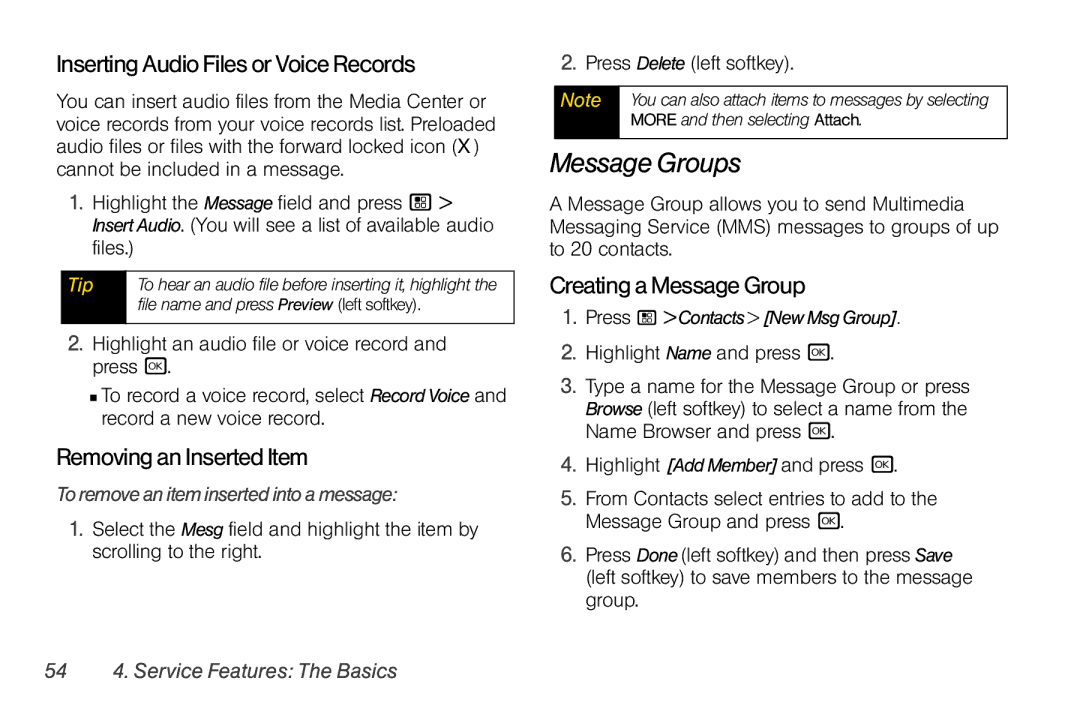 Nextel comm I465 manual Message Groups, Inserting Audio Files or Voice Records, Removing an Inserted Item 