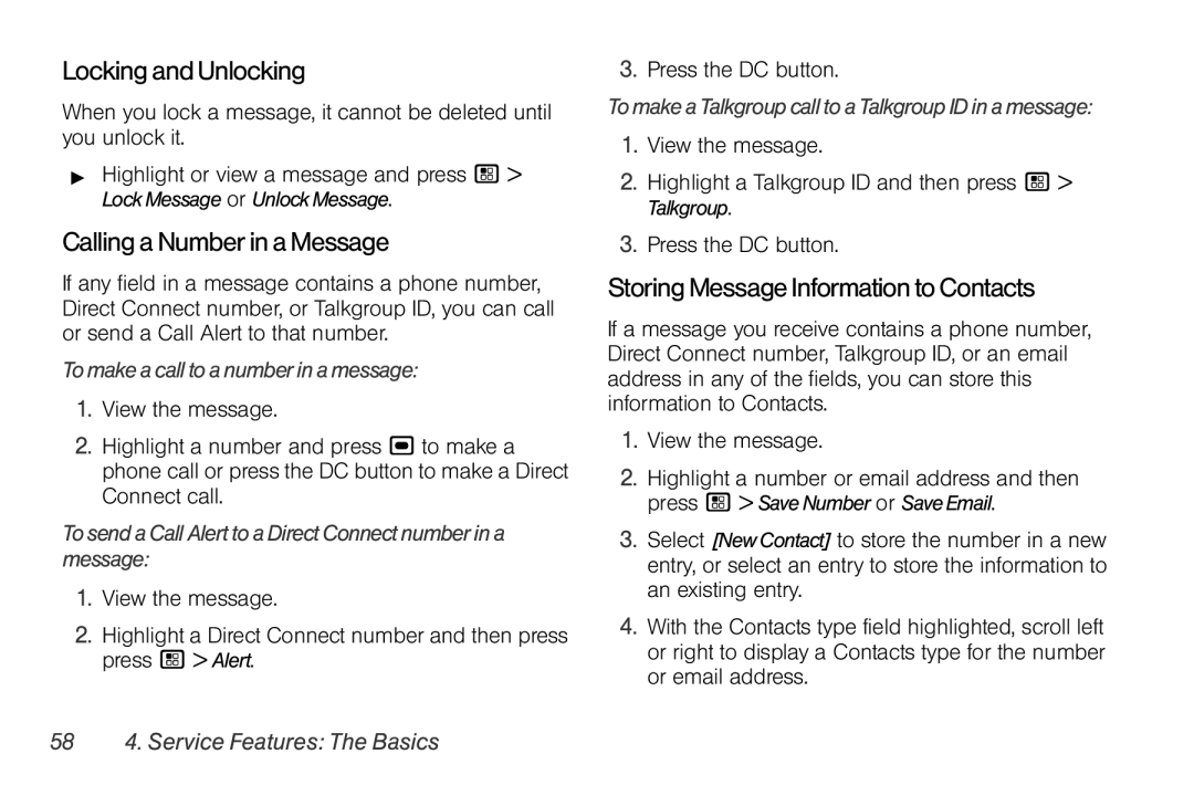 Nextel comm I465 manual Locking and Unlocking, Calling a Number in a Message, Storing Message Information to Contacts 