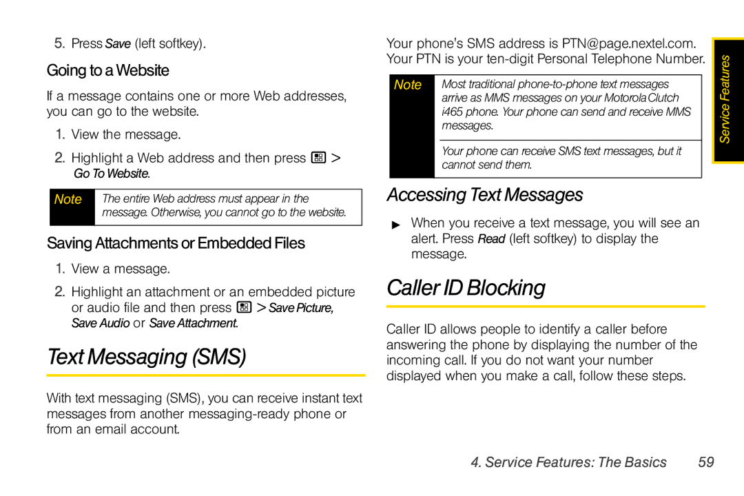 Nextel comm I465 manual Text Messaging SMS, Caller ID Blocking, Accessing Text Messages, Going to a Website 