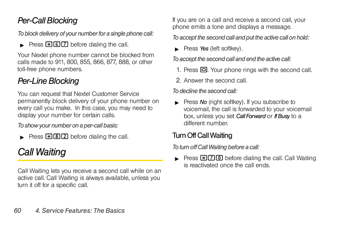 Nextel comm I465 manual Per-Call Blocking, Per-Line Blocking, Turn Off Call Waiting 