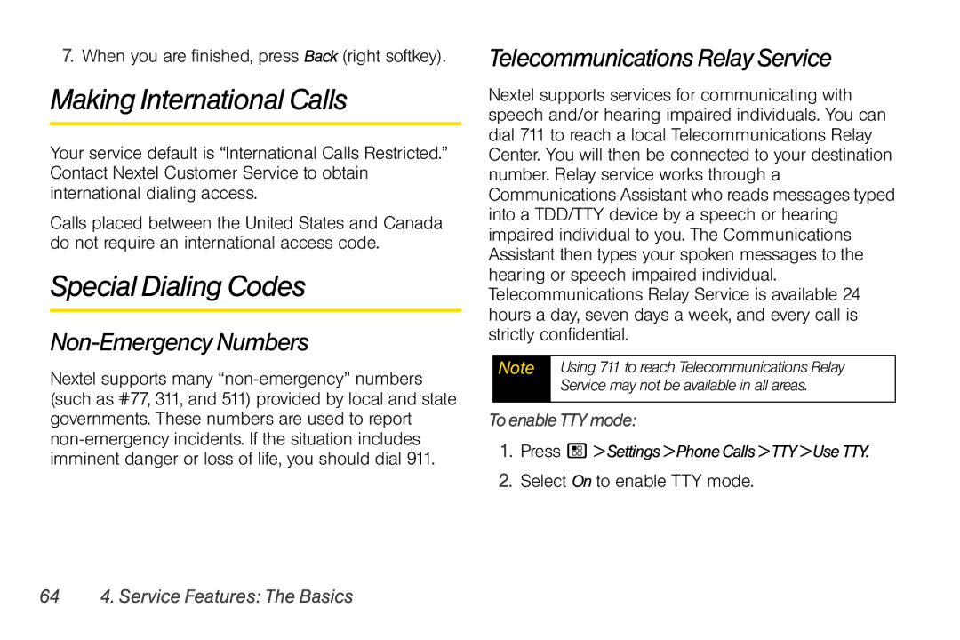 Nextel comm I465 manual Making International Calls, Special Dialing Codes, Non-Emergency Numbers 