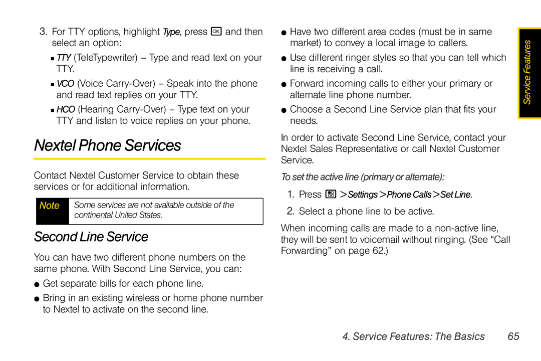 Nextel comm I465 manual Nextel Phone Services, Second Line Service, Tosettheactivelineprimaryoralternate 