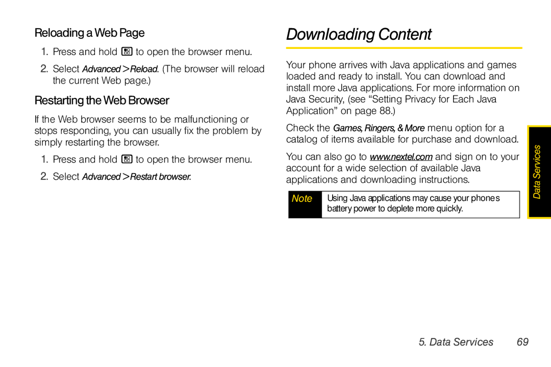 Nextel comm I465 manual Downloading Content, Reloading a Web, Restarting the Web Browser 