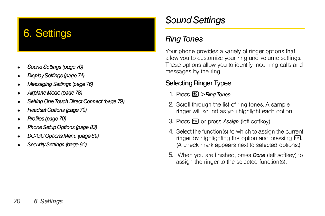 Nextel comm I465 Sound Settings, Ring Tones, Selecting Ringer Types, Press r or press Assign left softkey, 70 6. Settings 