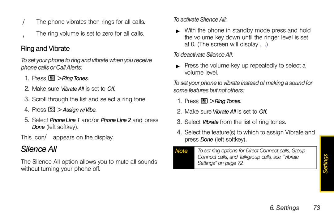 Nextel comm I465 manual Silence All, Ring and Vibrate, This icon/ appears on the display, ToactivateSilenceAll 