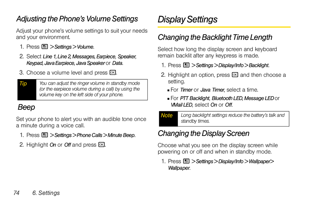 Nextel comm I465 manual Display Settings, Adjusting the Phone’s Volume Settings, Beep, Changing the Backlight Time Length 