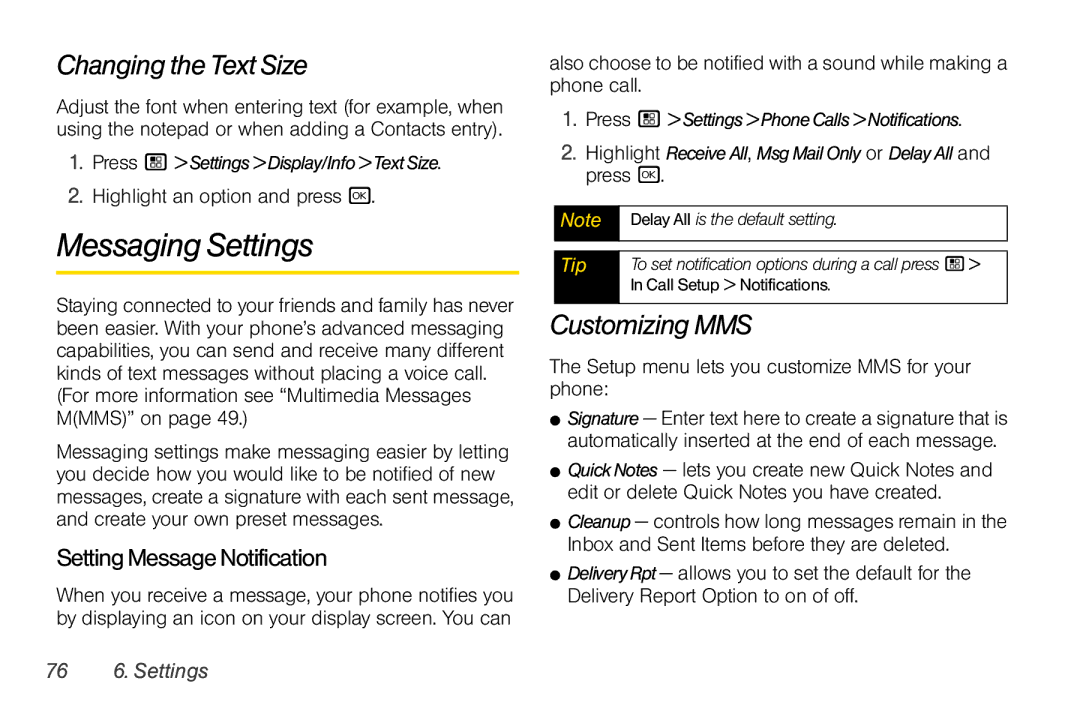 Nextel comm I465 Messaging Settings, Changing the Text Size, Customizing MMS, Setting Message Notification, 76 6. Settings 