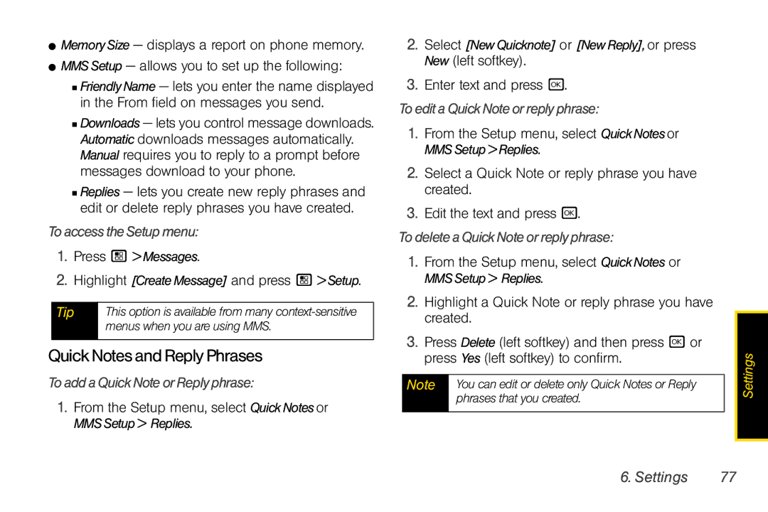 Nextel comm I465 manual Quick Notes and Reply Phrases, ToaccesstheSetupmenu, ToaddaQuickNoteorReplyphrase 