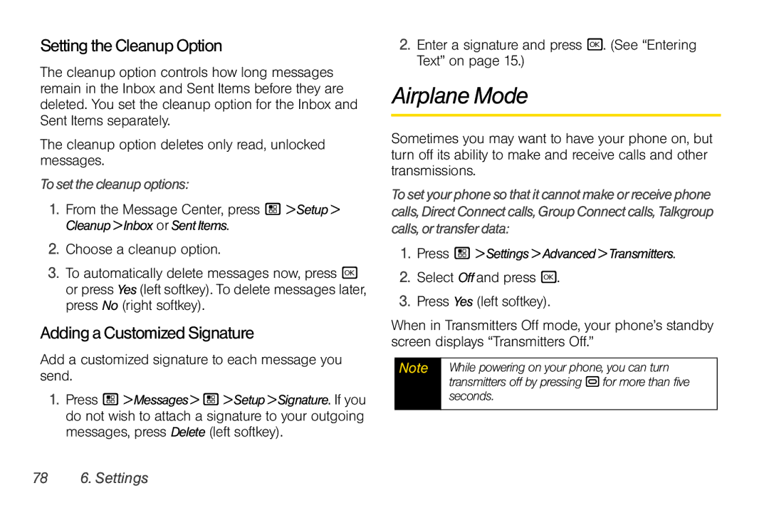 Nextel comm I465 manual Airplane Mode, Setting the Cleanup Option, Adding a Customized Signature, Tosetthecleanupoptions 