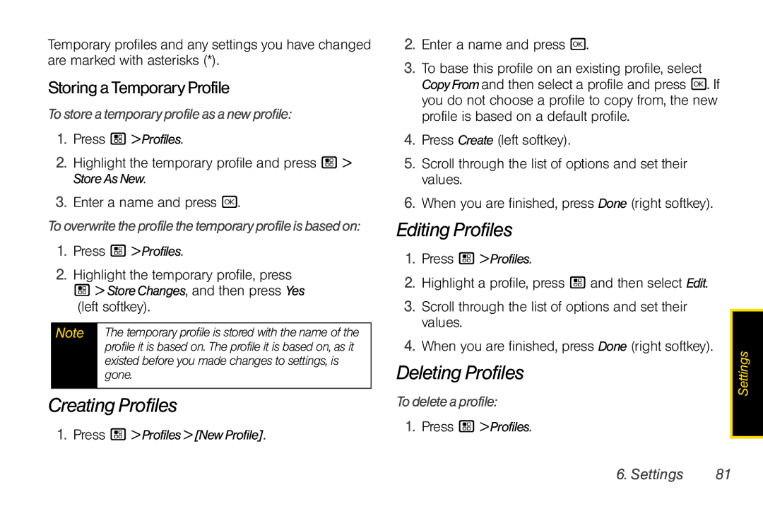 Nextel comm I465 manual Creating Profiles, Editing Profiles, Deleting Profiles, Storing a Temporary Profile 