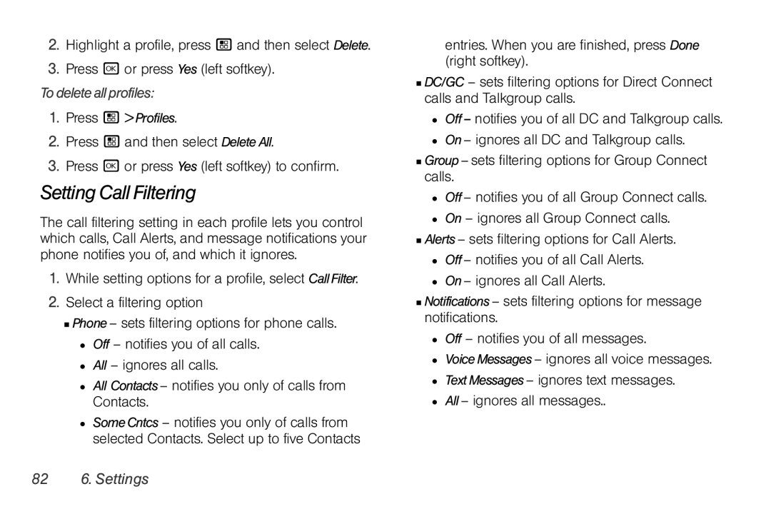 Nextel comm I465 manual Setting Call Filtering, Todeleteallprofiles, 82 6. Settings 