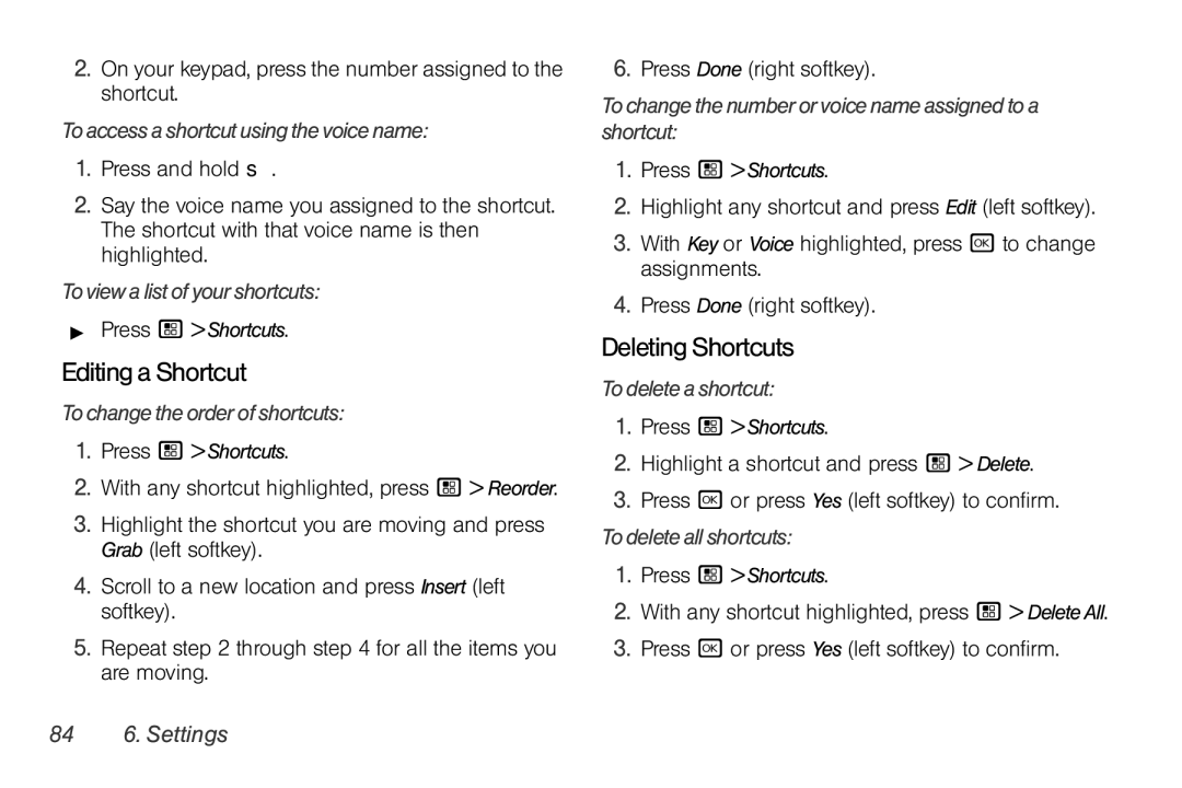 Nextel comm I465 manual Editing a Shortcut, Deleting Shortcuts 