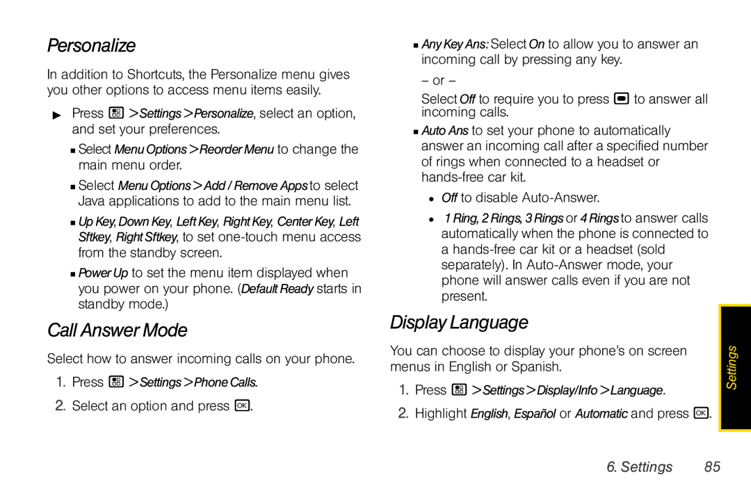 Nextel comm I465 manual Personalize, Call Answer Mode, Display Language, Select how to answer incoming calls on your phone 