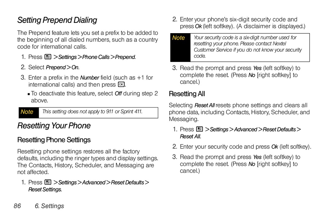 Nextel comm I465 Setting Prepend Dialing, Resetting Your Phone, Resetting Phone Settings, Resetting All, 86 6. Settings 