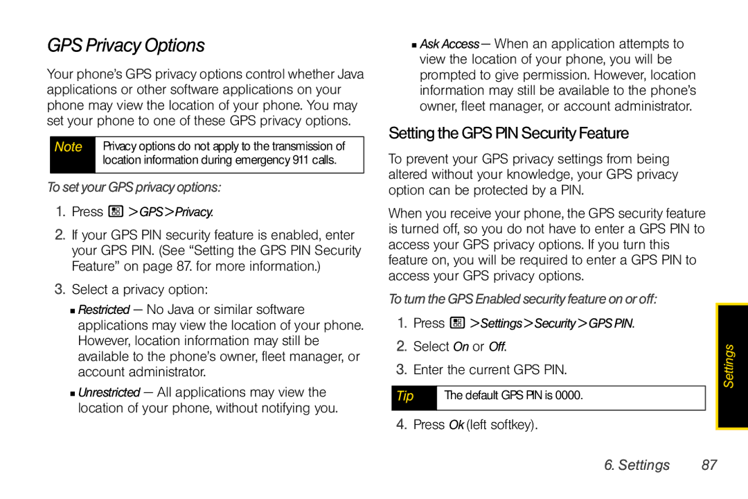 Nextel comm I465 manual GPS Privacy Options, Setting the GPS PIN Security Feature, TosetyourGPSprivacyoptions 