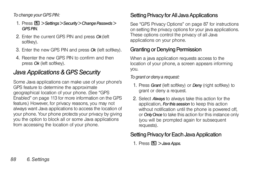 Nextel comm I465 manual Java Applications & GPS Security, Setting Privacy for All Java Applications 