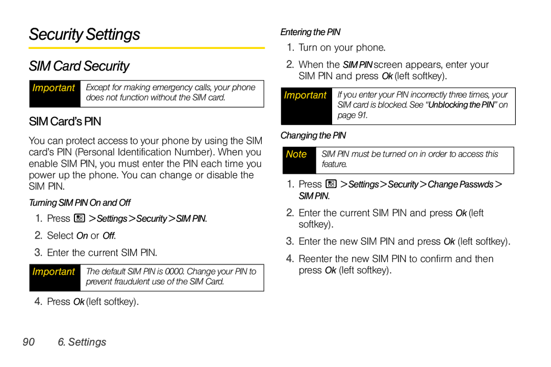 Nextel comm I465 manual Security Settings, SIM Card Security, SIM Card’s PIN, Select On or Off Enter the current SIM PIN 