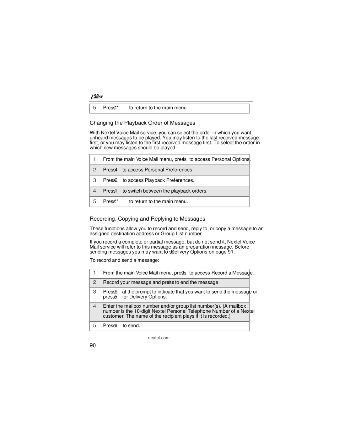 Nextel comm i58sr manual Changing the Playback Order of Messages, Recording, Copying and Replying to Messages 