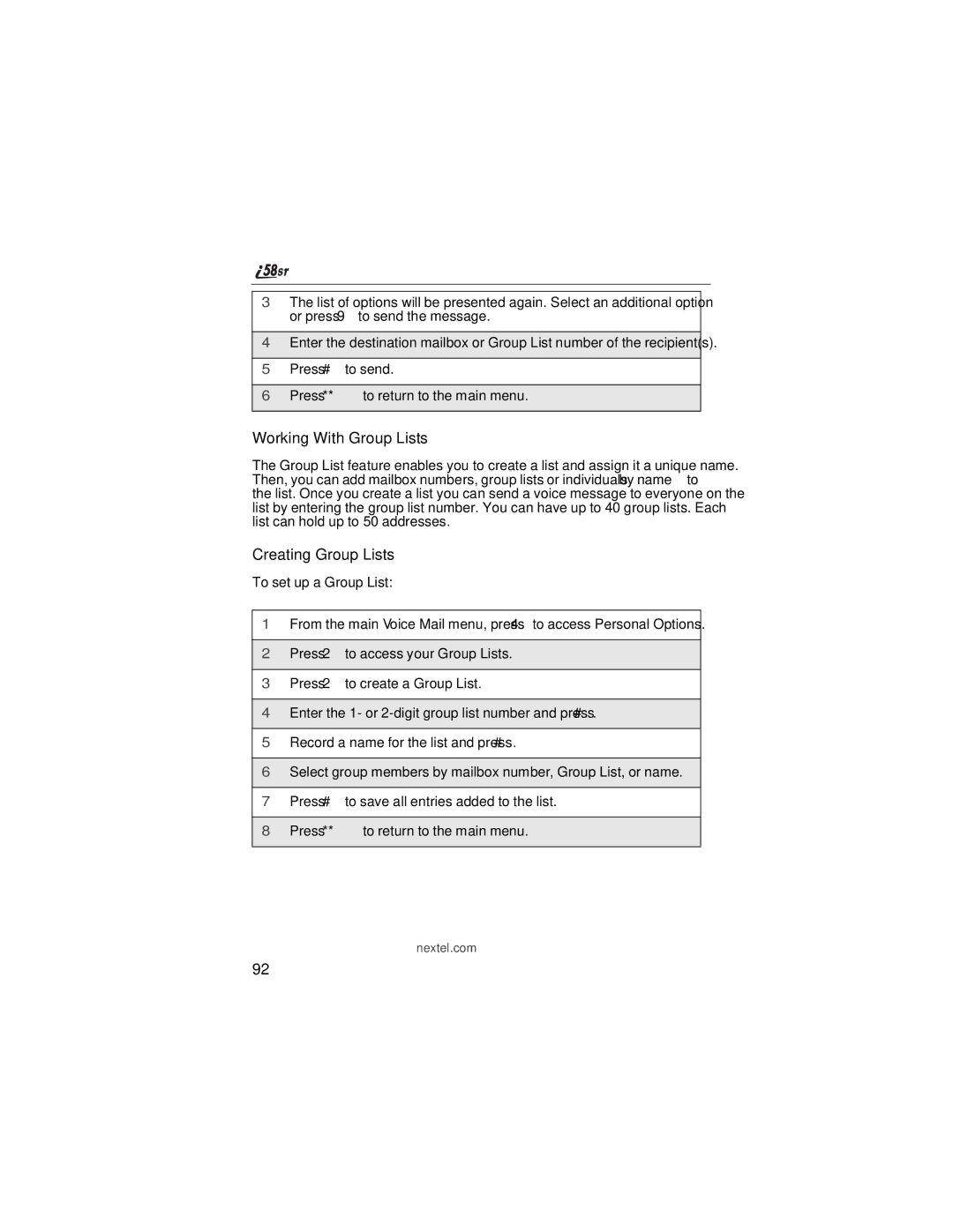 Nextel comm i58sr manual Working With Group Lists, Creating Group Lists 