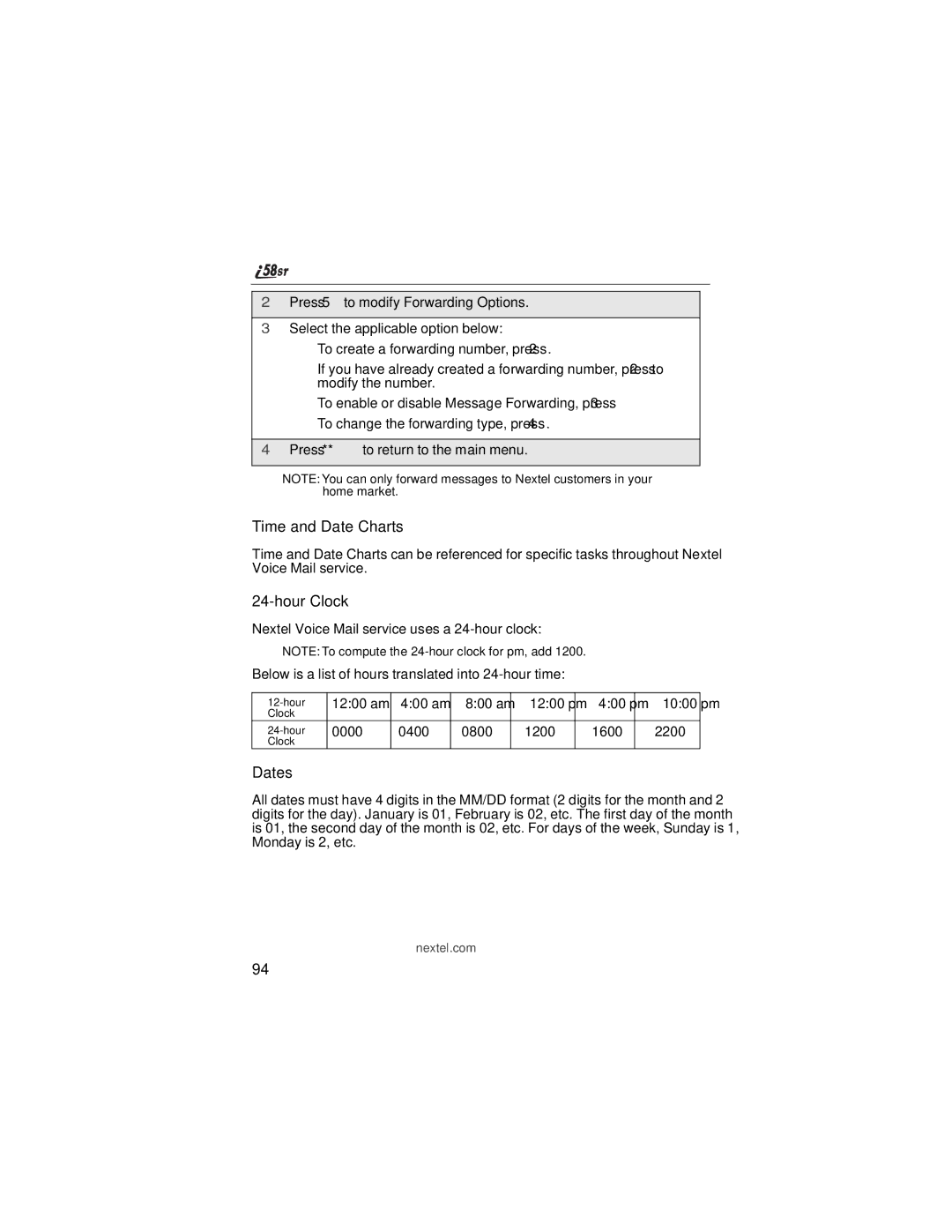 Nextel comm i58sr manual Time and Date Charts, Hour Clock, Dates 